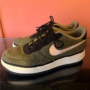 Nike Olive Green Sherpa Low-Top Sneakers with Cream Swoosh